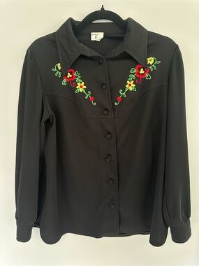 Vintage Puritan Black Button-Up Blouse Red, Yellow & Green Floral Embroidery